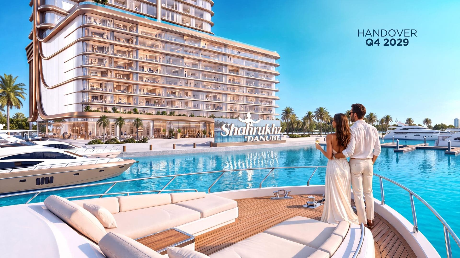 Shahrukhz Residences by Danube — marina podium at Dubai Maritime City, handover Q4 2029